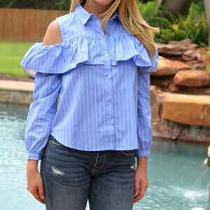 CHIC CHICK STRIPE OPEN SHOULDER RUFFLE TOP IN BLUE